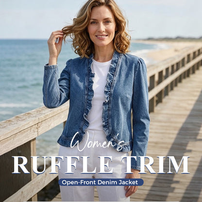 🧥 50 % RABATT NÅ! 🌸 Denimjakke for kvinner med rysjer og åpen front – lett og feminin – allsidig og stilig 👗✨