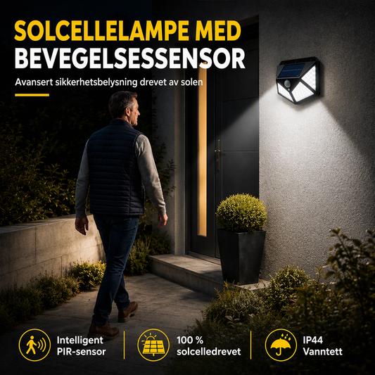 🔥 NÅ: 50 % RABATT I EN BEGRENSET PERIODE – Solcelledrevet vegglampe med bevegelsessensor – 140 supersterke LED-lys – IP65 vanntett – Enkel installasjon 🌞✨🛡️