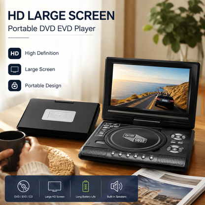 📺 50% RABATT – 7.8" HD bærbar DVD/EVD-spiller – stor HD-skjerm – oppladbar – spiller DVD, CD, USB & SD – perfekt for reiser og hjemmekino