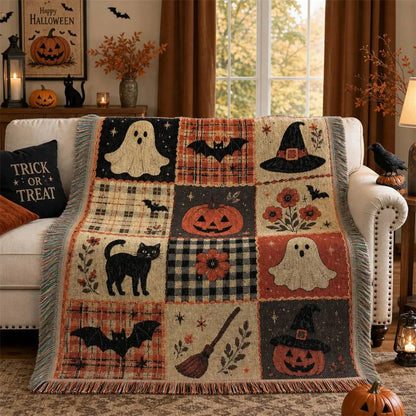 ⏳Siste dag med 50 % rabatt🎃Halloween-teppe i flanell med lappeteppe-mønster