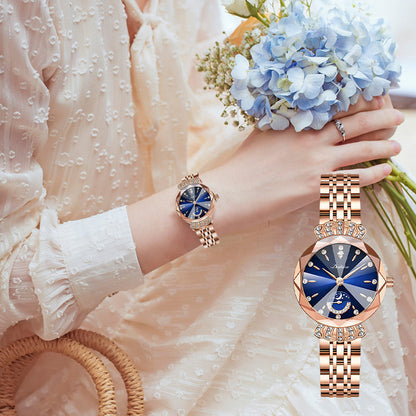⌚ 50% RABATT + GRATIS ARMBÅND – Diamond Fashion stjerne- og måneklokke – blendende diamanter – høy kvalitet – presis kvarts – justerbar – perfekt gave for henne