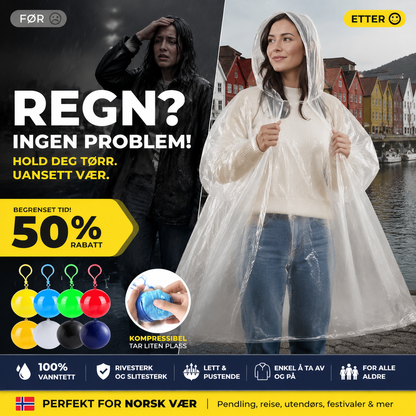 🧥 KJØP 1, FÅ 1 GRATIS – Regnjakke i kompakt design – vanntett – lett – enkel å bruke – passer i lommen – for uventede regnbyger