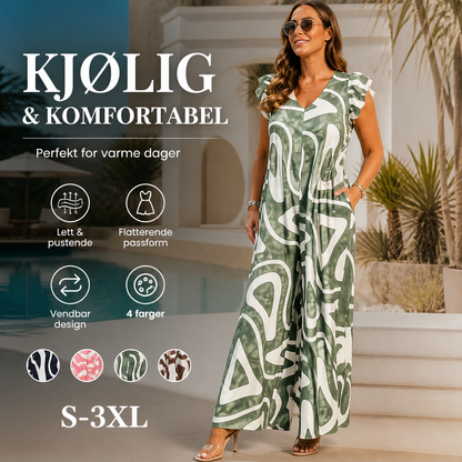 👗 50% RABATT – Elegant jumpsuit med rynkedetaljer – lett & pustende – geometriske mønstre – vid bensilhuett – allsidig – perfekt til reise og hverdag