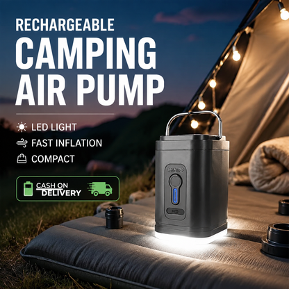 🔋 50% RABATT – Luftpumpe med LED-lys – oppladbar – rask – kompakt – betaling ved levering – perfekt til camping, strand og utendørs