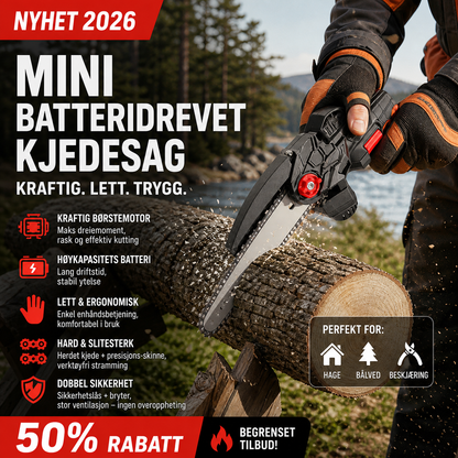 🪓 Børsteløs bærbar minisag – kraftig motor, langvarig batteri, lett og ergonomisk. Perfekt til beskjæring, ved og hagearbeid – sikker og effektiv! 🌳🔋