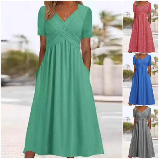 👗 50% RABATT – Elegant V-hals kjole – lett & luftig – supermyk – kort erme – for alle kroppstyper – tidløs & allsidig – perfekt gave