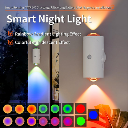 📢📢50 % rabatt!!!🎅USB oppladbart LED-nattlys med bevegelsessensor, RGB-gradient omgivelseslys, dimmebart innendørslys, magnetisk trinnlampe for inngangsparti, nattbord, skrivebord, skap
