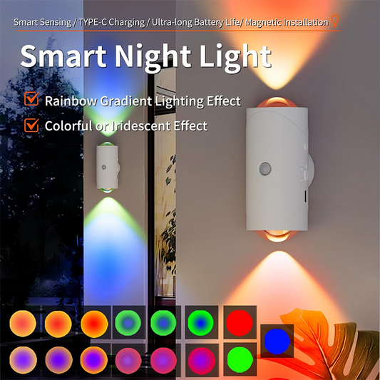 📢📢50 % rabatt!!!🎅USB oppladbart LED-nattlys med bevegelsessensor, RGB-gradient omgivelseslys, dimmebart innendørslys, magnetisk trinnlampe for inngangsparti, nattbord, skrivebord, skap