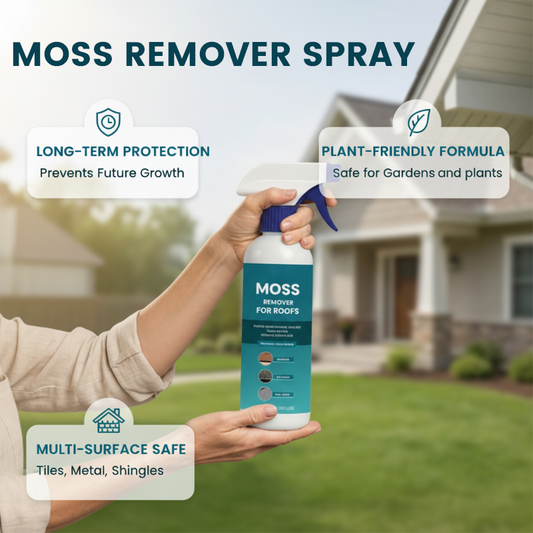 🌿 Mose- og algefjerner for tak – spray og skyll – trygt for asfalt, takstein, metall og shingel