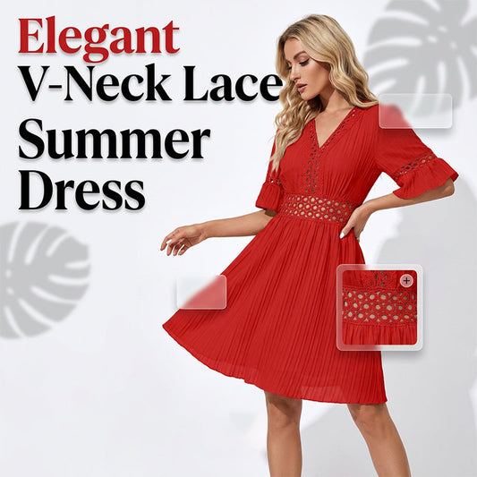 👗 50% RABATT – Elegant sommerkjole med V-hals & blonder – plisséstoff – pustende – bohemsk sjarm – perfekt til ferien