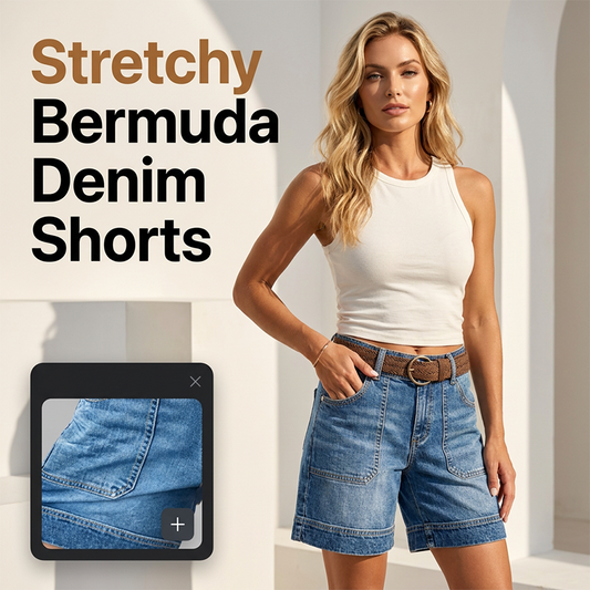 👖 50% RABATT – Stretchbare bermuda-jeans – premium denim med stretch – cargo-lommer – middels høy midje – flatterende passform – for en aktiv hverdag