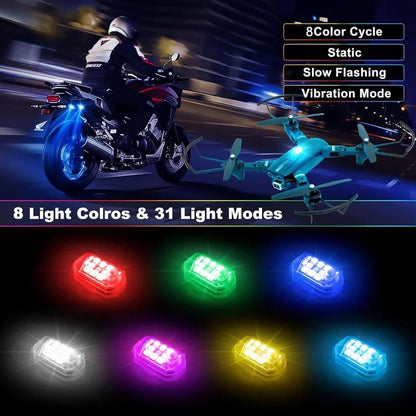 💡 50% RABATT – Trådløs LED strobelys – 8 farger – USB-oppladbar – vanntett – fjernkontroll – for bil, motorsykkel, drone, RC-bil og mer