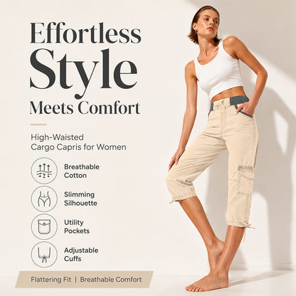 ✨ 50% RABATT – Capribukser med cargo-lommer – høy midje – elastisk linning – snøring – A-linje – lette og pustende – 7/8 lengde – for en moderne komfortstil