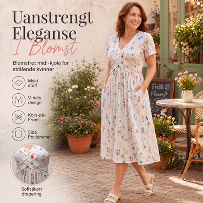 👗 Damekjole med V-utringning, blomstermønster og vridd midje