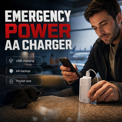 📱 KJØP 1, FÅ 1 GRATIS – Nødlader med AA-batterier – øyeblikkelig USB-strøm – enkel å bruke – ideell til reiser, pendling og strømbrudd – alltid klar