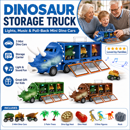 🦕🚗 2026 NYHET: 50 % RABATT – Dinosaurbil-lanseringssett – Integrert oppbevaring – Lys og musikk – Spennende utløserknapp – Bærehåndtak – For fantasifulle eventyr 🎶🌟🛡️