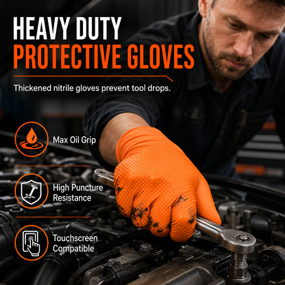 🧤 Heavy Duty Nitrile Gloves with Diamond Grip Texture – Thickened Disposable Gloves for Auto Repair, Grease & Oil Handling, Puncture Resistant ✨