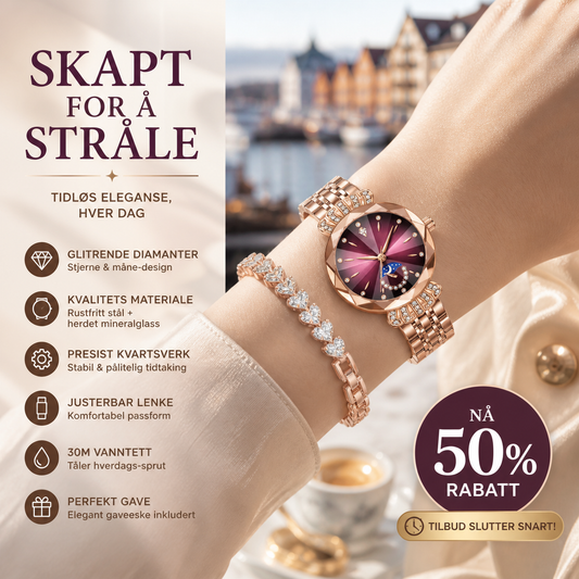 ⌚ 50% RABATT + GRATIS ARMBÅND – Diamond Fashion stjerne- og måneklokke – blendende diamanter – høy kvalitet – presis kvarts – justerbar – perfekt gave for henne